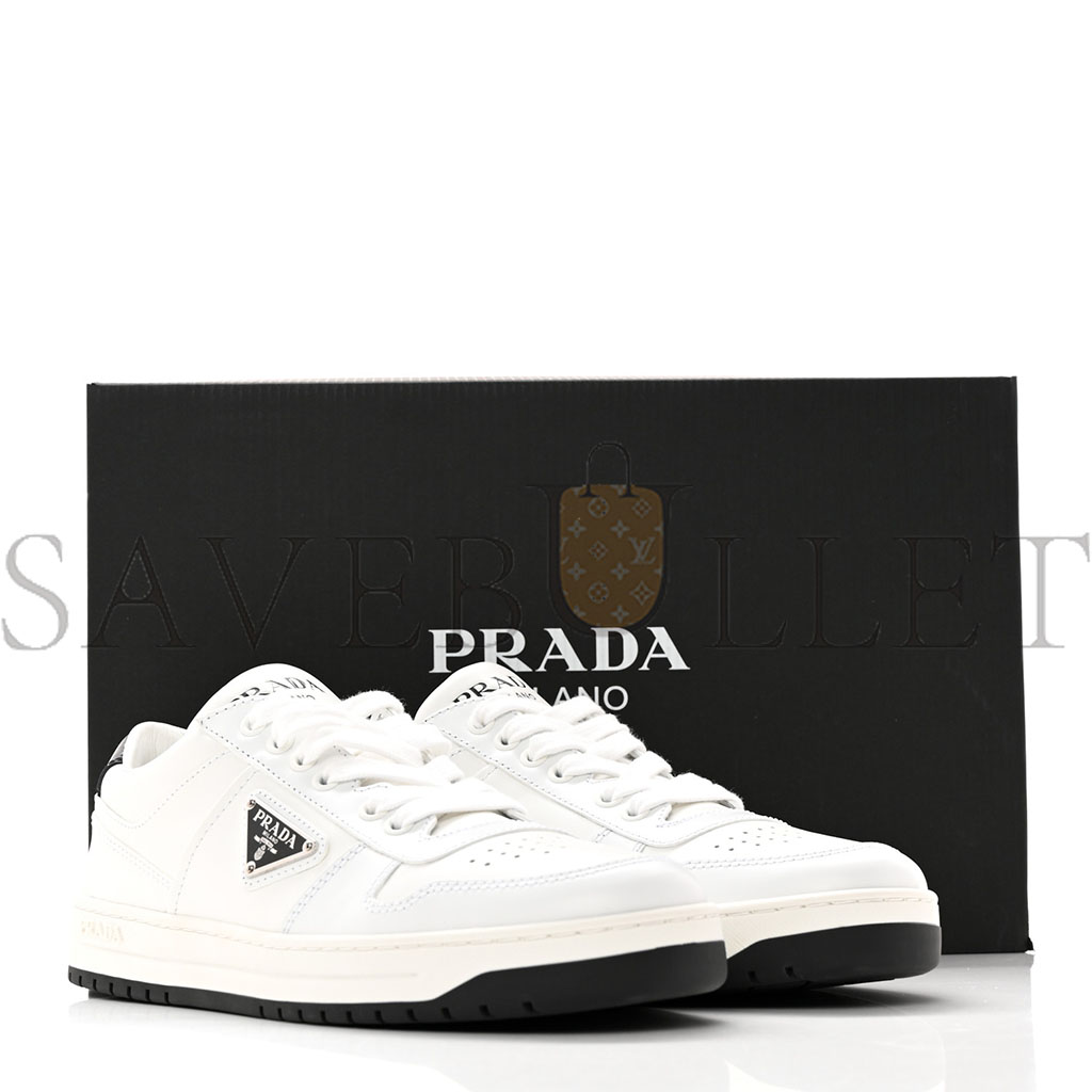 PRADA VITELLO ROIS METAL TRIANGLE LOGO WOMENS DOWNTOWN LOW TOP 30MM SNEAKERS 39.5 WHITE BLACK