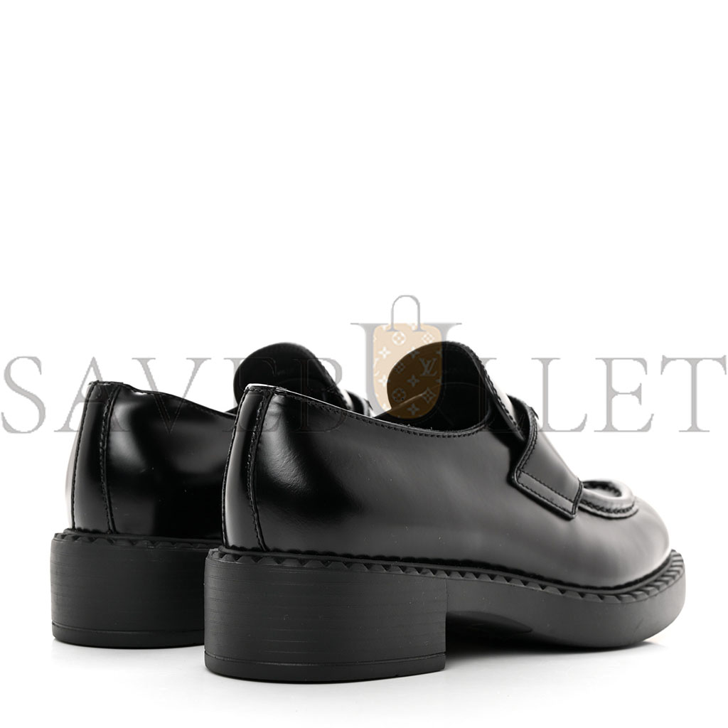 PRADA SPAZZOLATO METAL TRIANGLE LOGO 50MM LOAFERS 37.5 BLACK