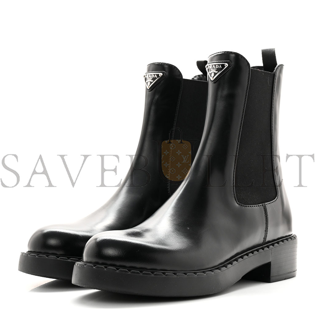 PRADA SPAZZOLATO METAL TRIANGLE LOGO 50MM CHELSEA BOOTS 38 BLACK