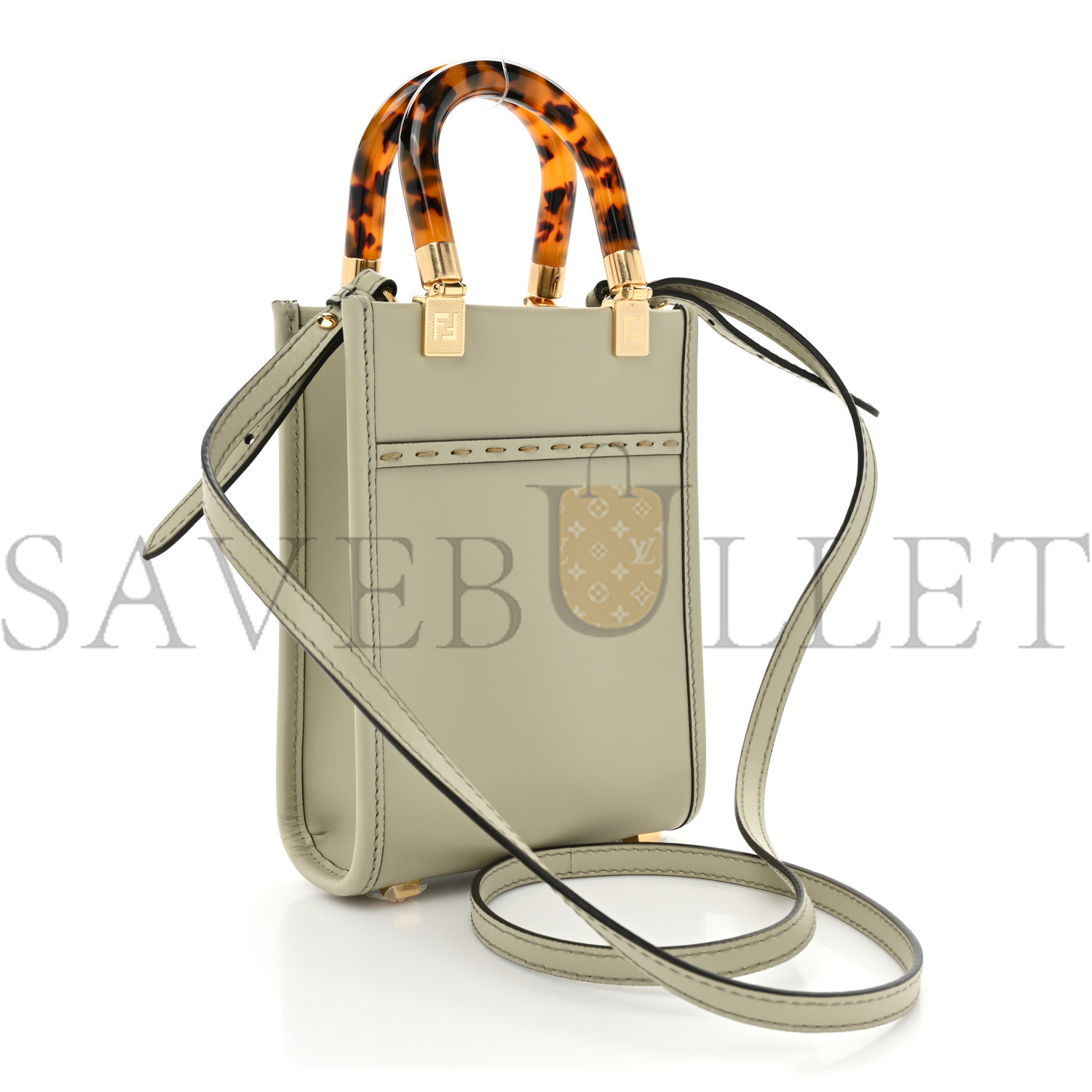 FENDI VITELLO KING PLEXIGLASS LOGO EMBOSSED MINI FENDI SUNSHINE SHOPPER TOTE GREEN TEA (17*13*6cm)