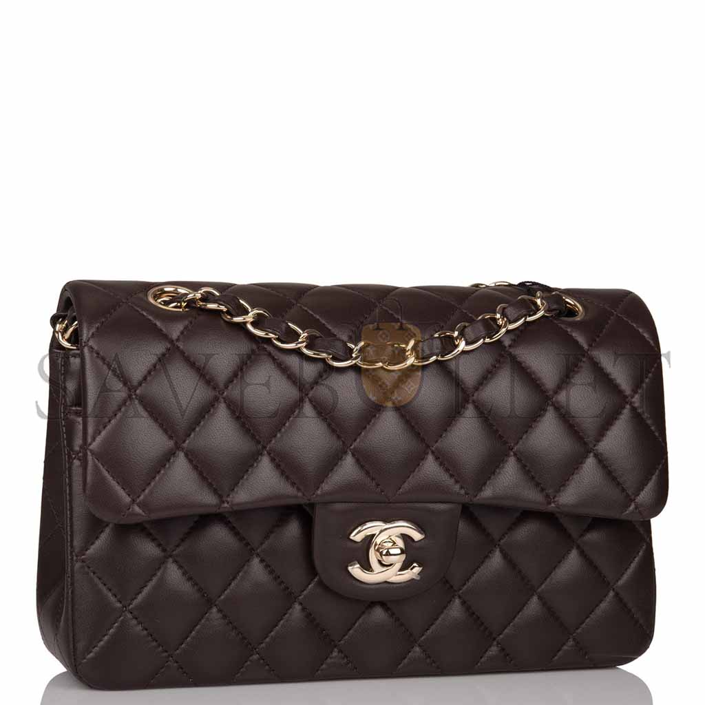 CHANEL CLASSIC DOUBLE FLAP BAG DARK BROWN LAMBSKIN LIGHT GOLD HARDWARE AS1117 (23*14.5*6cm)