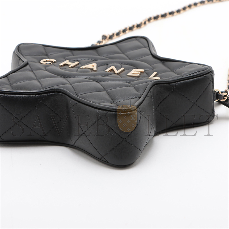 CHANEL LAMBSKIN CHAIN SHOULDER BAG STAR BLACK GOLD METAL FITTI A3501 (22.5*6cm)
