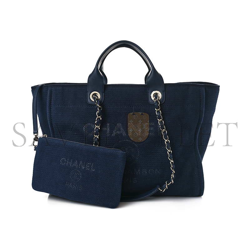 CHANEL MIXED FIBERS CALFSKIN MEDIUM DEAUVILLE TOTE NAVY BLUE 1142532 (39*29*20cm)