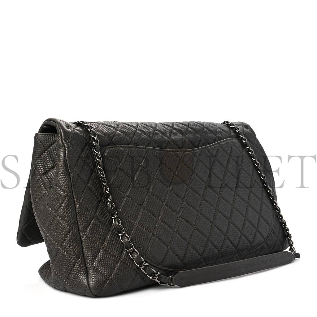 CHANEL CALFSKIN QUILTED XXL TRAVEL FLAP BAG KHAKI SILVER HARDWARE (46*28*14cm)