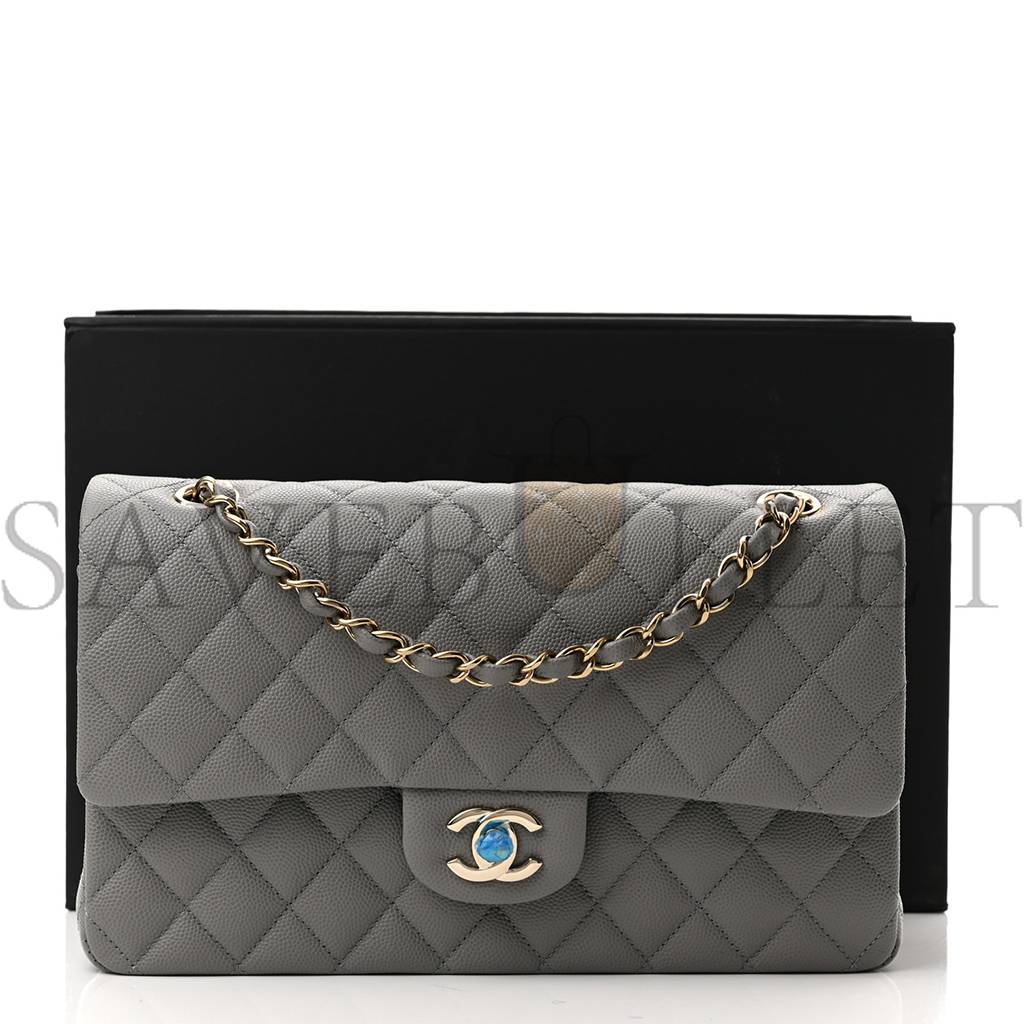 CHANEL CAVIAR QUILTED MEDIUM DOUBLE FLAP GREY ROSE GOLD HARDWARE (25*17*6cm)