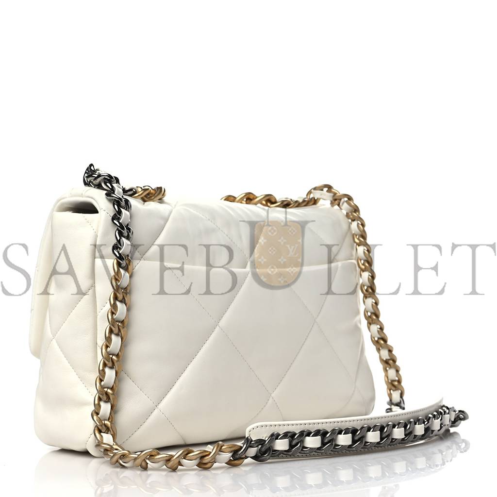 CHANEL LAMBSKIN QUILTED LARGE CHANEL 19 FLAP WHITE GOLD HARDWARE (30*20*9cm)