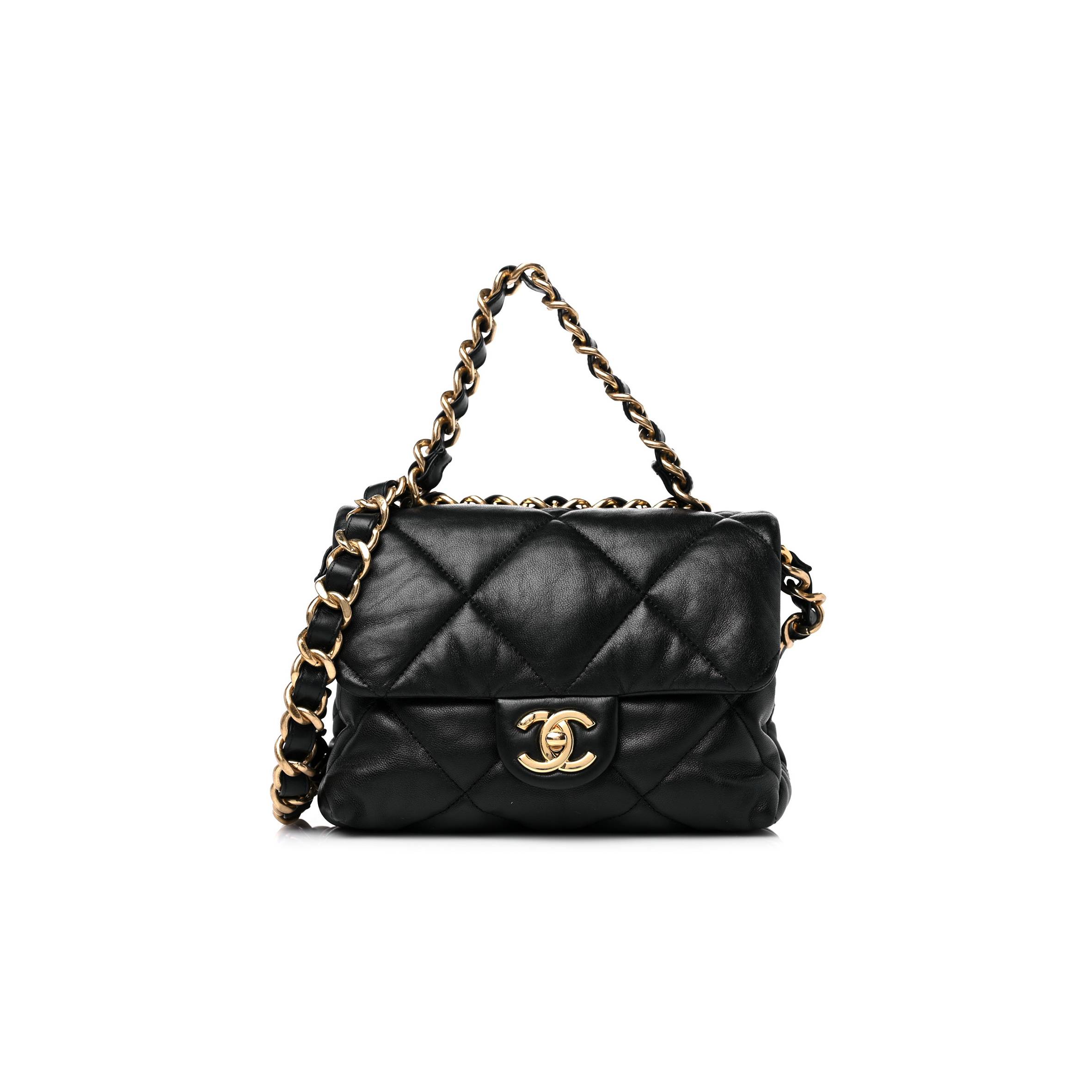 CHANEL LAMBSKIN QUILTED CHAIN TOP HANDLE FLAP BLACK GOLD HARDWARE (19*18*3cm)