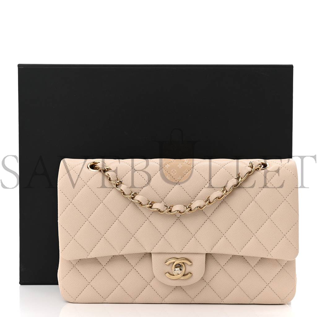 CHANEL CAVIAR QUILTED MEDIUM DOUBLE FLAP LIGHT BEIGE GOLD HARDWARE (25*15*6cm)