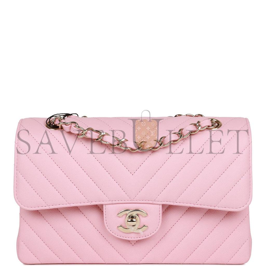 CHANEL SMALL CHEVRON CLASSIC DOUBLE FLAP PINK CALFSKIN LIGHT GOLD HARDWARE (23*13*6cm)