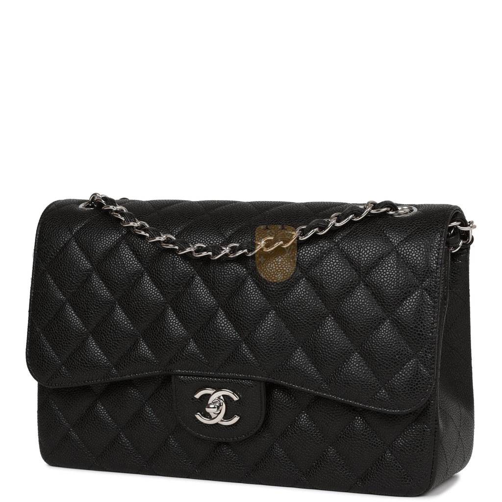 CHANEL JUMBO CLASSIC DOUBLE FLAP BAG BLACK CAVIAR SILVER HARDWARE (30*20*9cm)