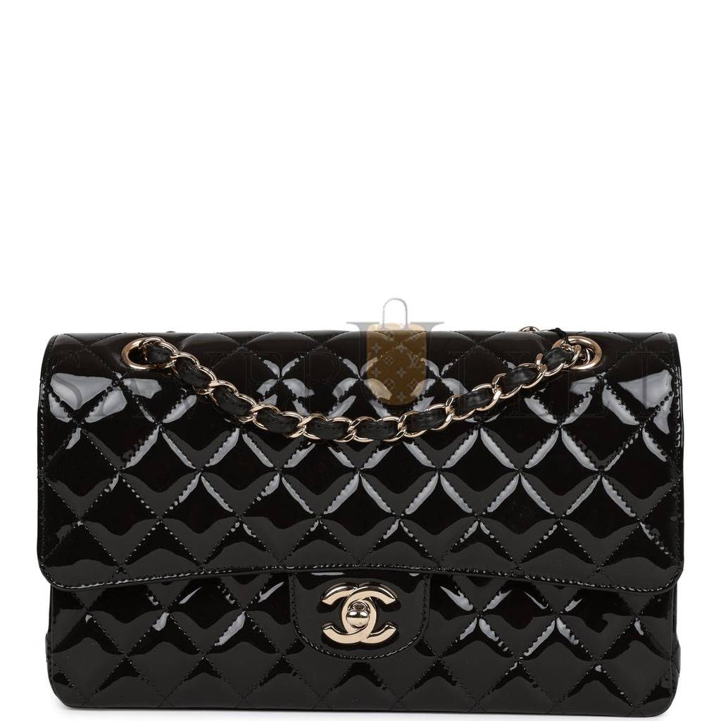 CHANEL MEDIUM CLASSIC DOUBLE FLAP BAG BLACK PATENT LIGHT GOLD HARDWARE (25*15*7cm)