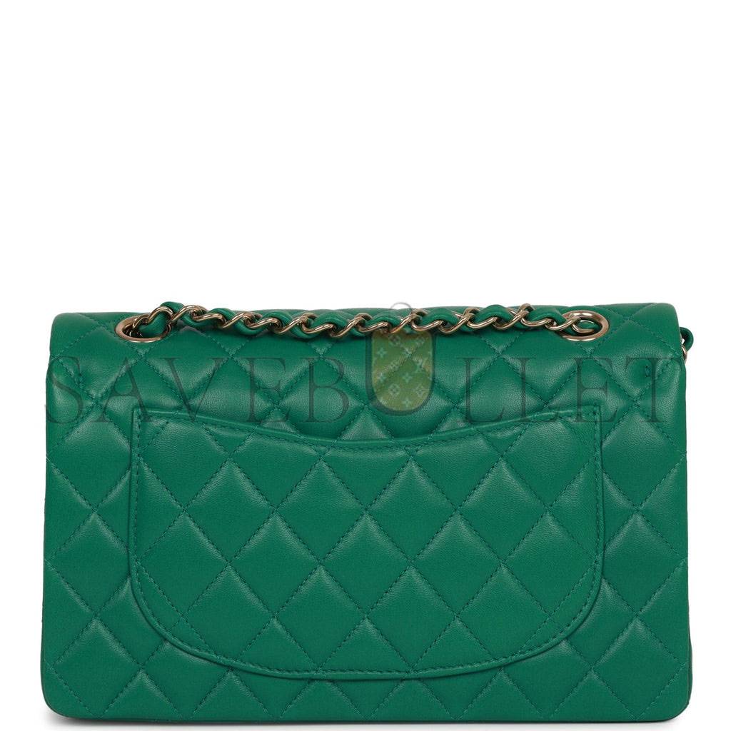 CHANEL SMALL CLASSIC DOUBLE FLAP BAG GREEN LAMBSKIN LIGHT GOLD HARDWARE (23*13*6cm)