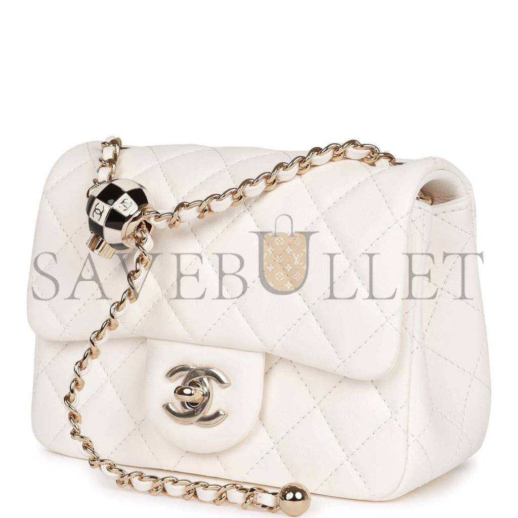 CHANEL PEARL CRUSH MINI SQUARE FLAP BAG WHITE LAMBSKIN LIGHT GOLD HARDWARE (17*14*8cm)