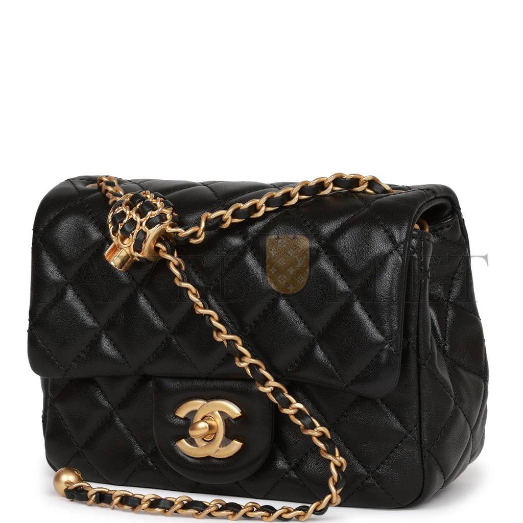 CHANEL PEARL CRUSH MINI SQUARE FLAP BAG BLACK LAMBSKIN ANTIQUE GOLD HARDWARE (17*14*8cm)