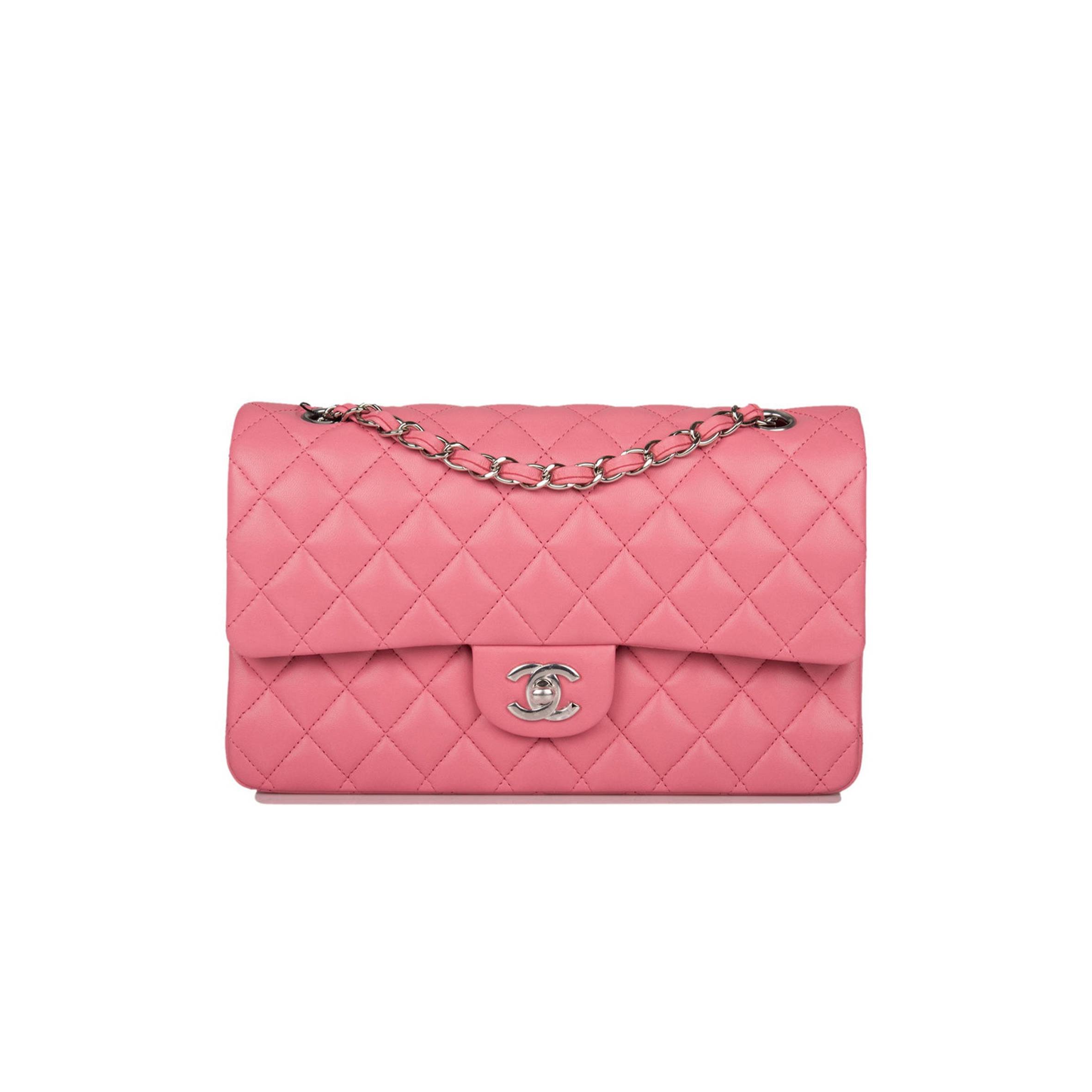 CHANEL MEDIUM CLASSIC DOUBLE FLAP BAG ROSE QUILTED LAMBSKIN SILVER HARDWARE (25*15*7cm)