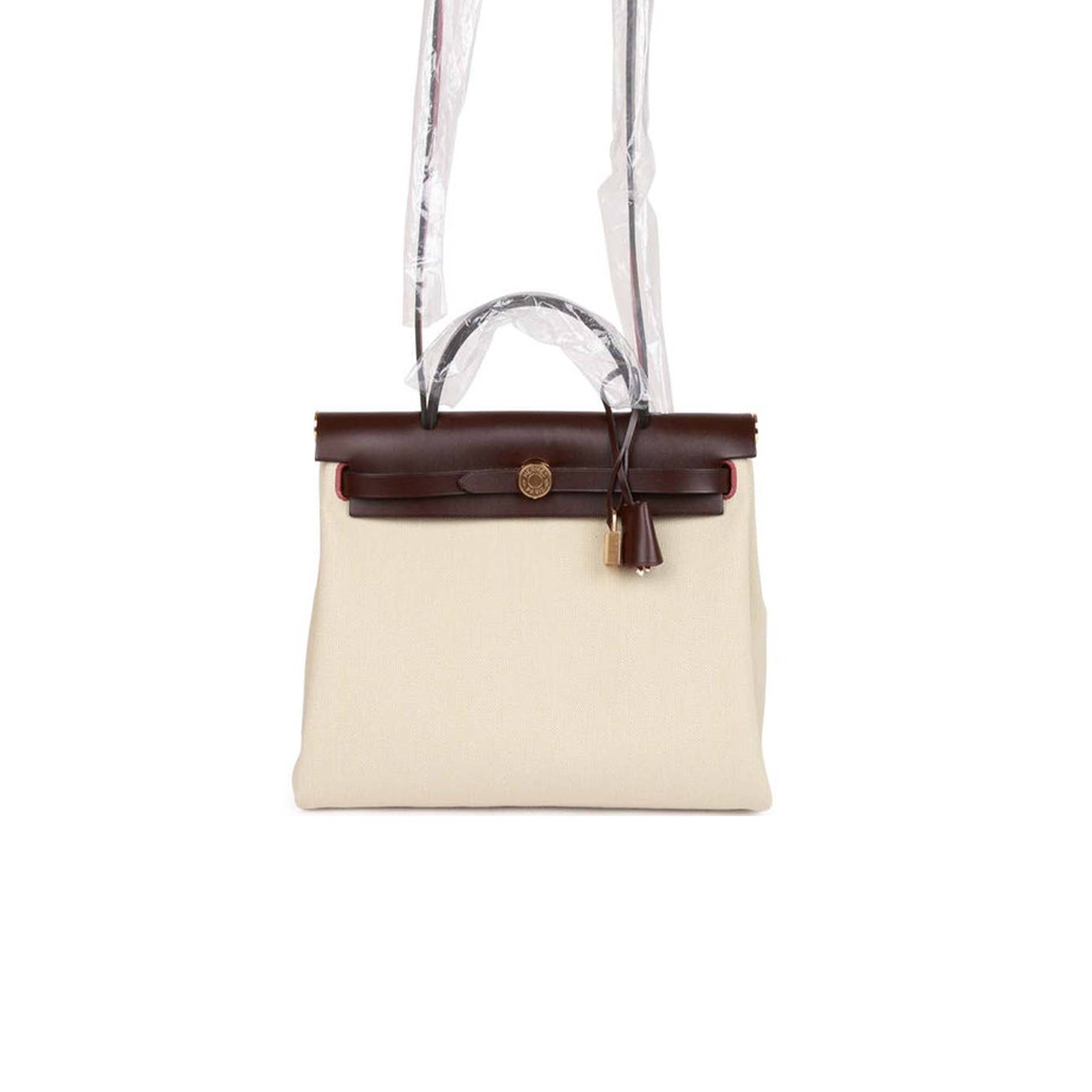 HERMES HERBAG ZIP PM 31 BETON TOILE H BERLINE ROUGE SELLIER HUNTER GOLD HARDWARE (30*27*11cm)