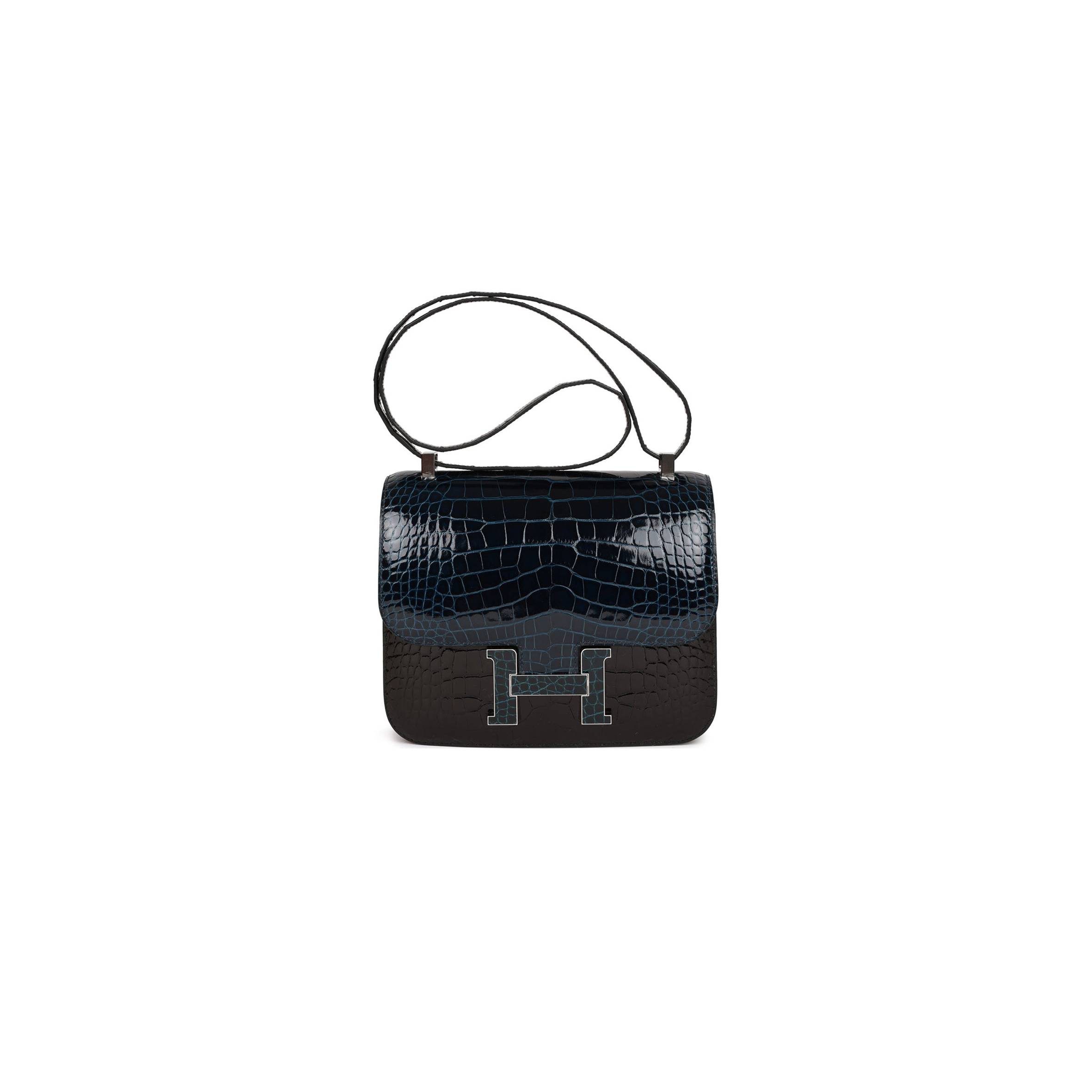 HERMES CONSTANCE 24 TRI-COLOR BLACK, BLEU BALTIQUE AND VERT ROUSSEAU SHINY ALLIGATOR PALLADIUM HARDWARE (24cm)