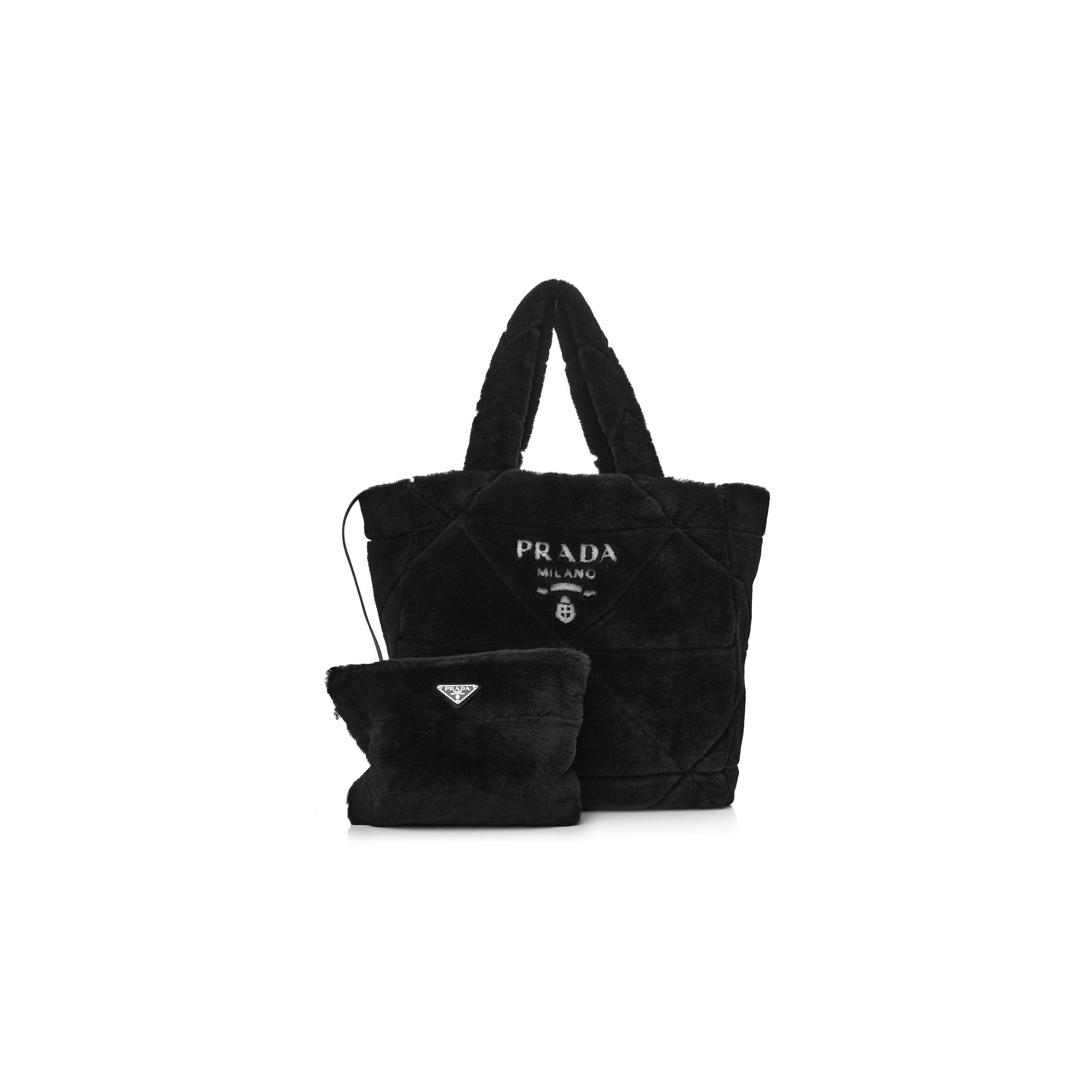 PRADA SHEARLING MONOTONE LOGO TOTE BLACK WHITE (34*33*13cm)